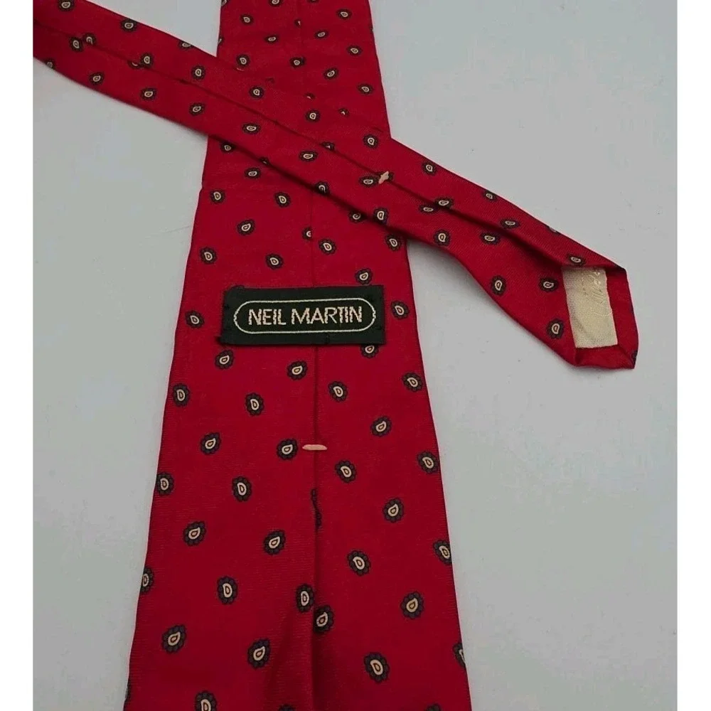 Vintage Neil Martin Red Italian Silk Foulard Tie Floral Handmade USA Power Tie